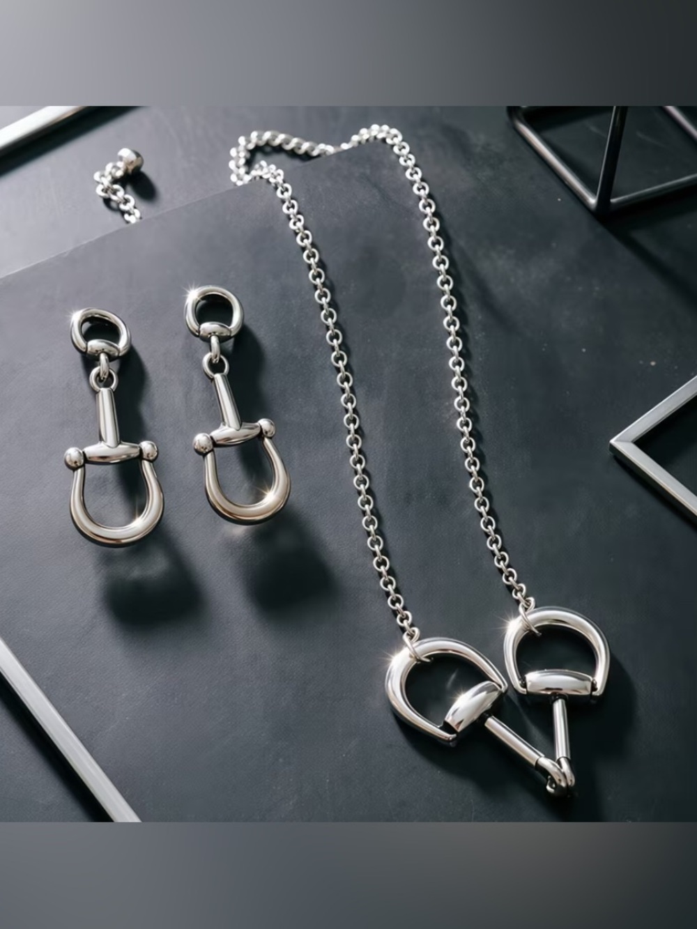 Equestrian Silver Tone Horse Bit Necklace & Earrings Set